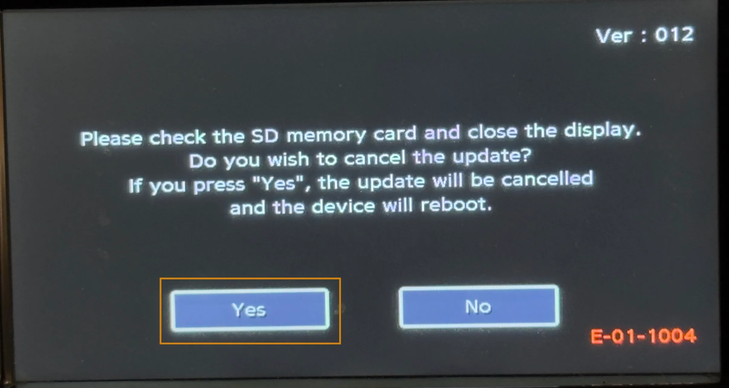 The prompt to exit the software update menu