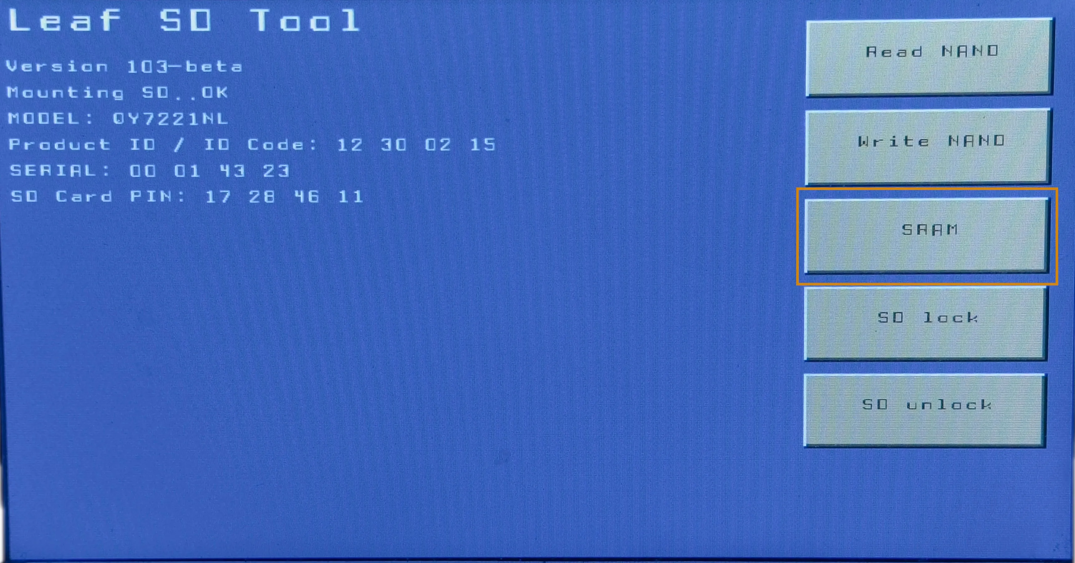 The LeafSDTools main menu with the SRAM option