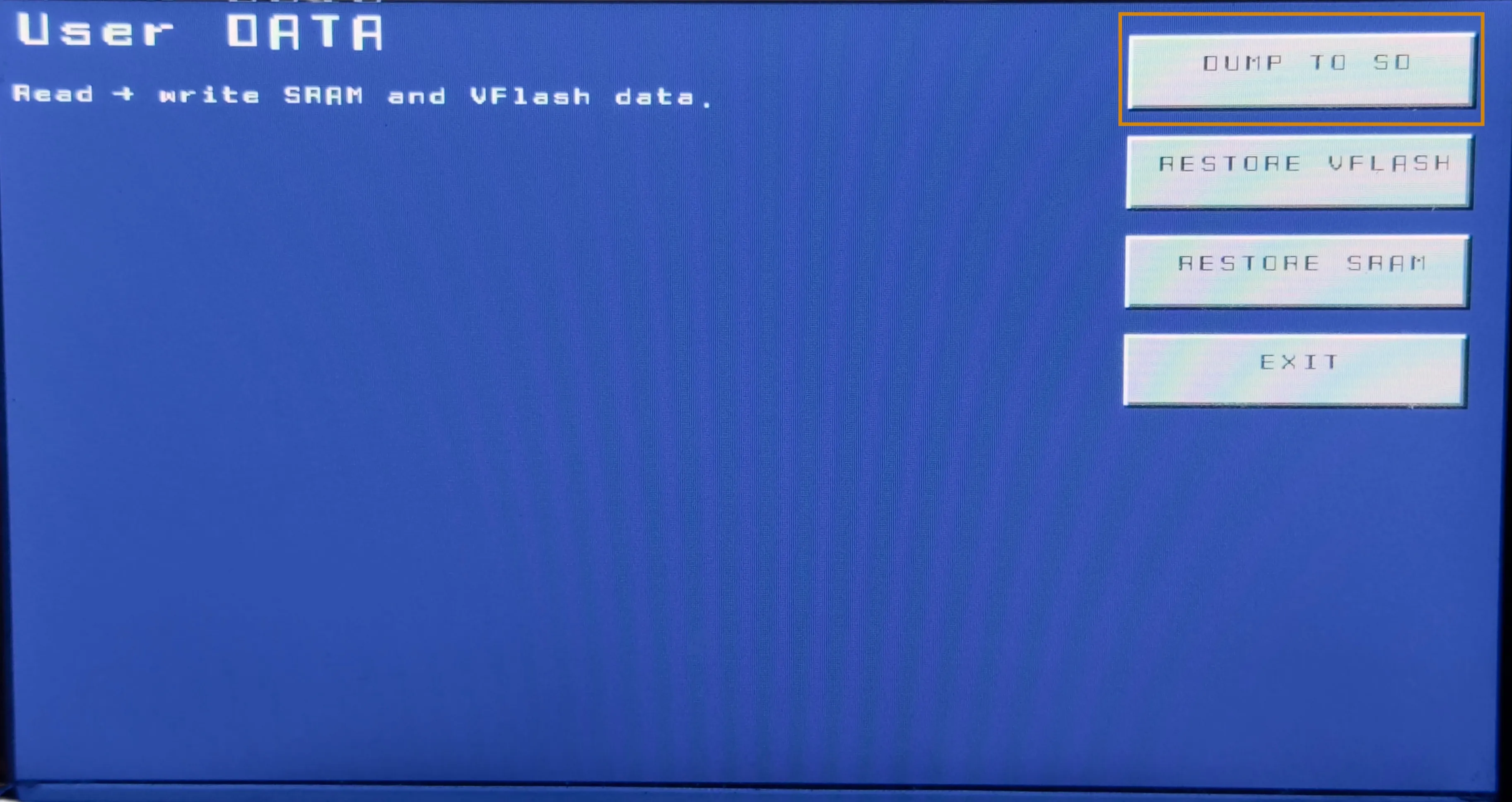 The SRAM menu with the Dump to SD option
