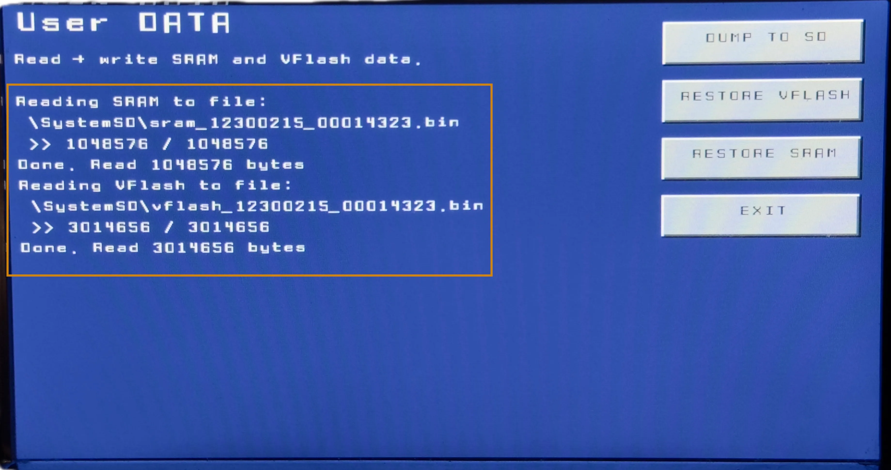 The dump to SD process completing