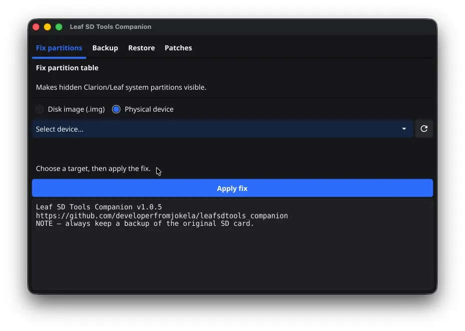 LeafSDTools Companion showing the SD card with multiple partitions after the fix