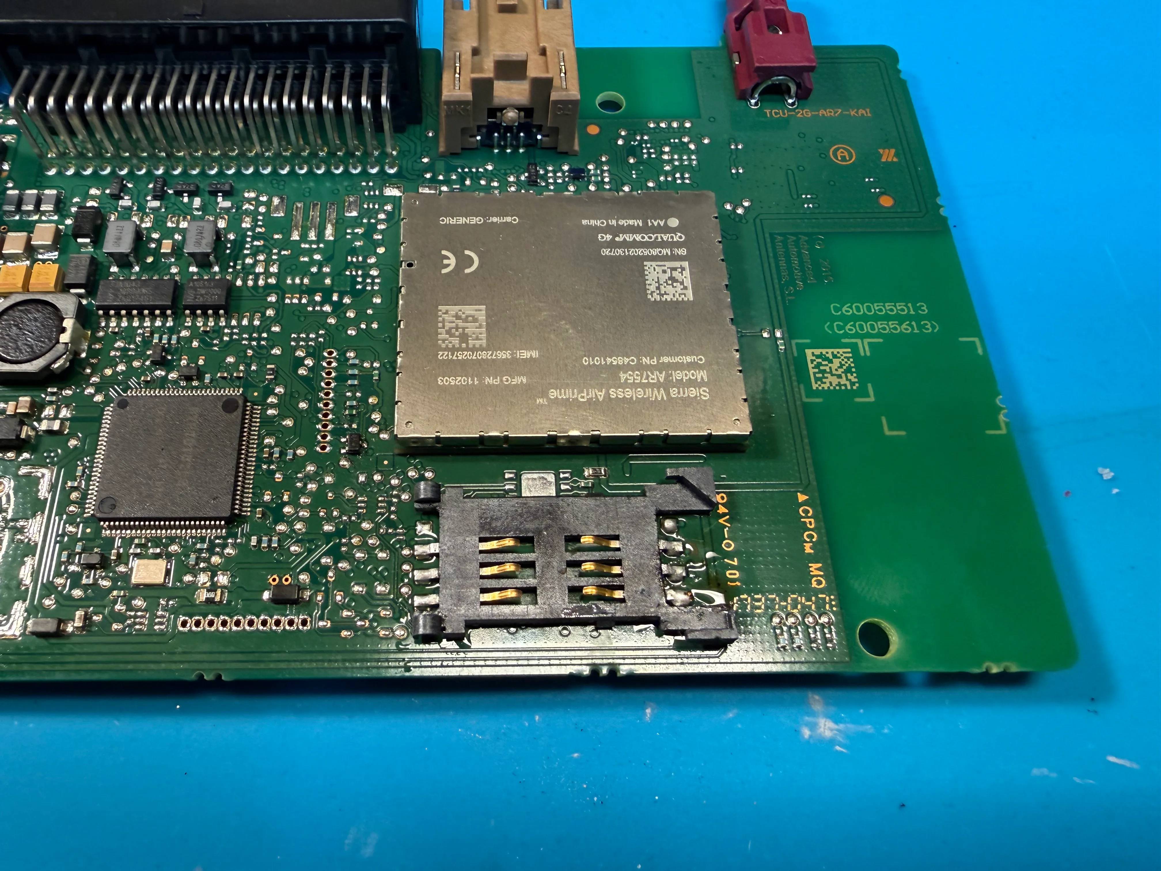 TCU circuit board with a SIM slot soldered on